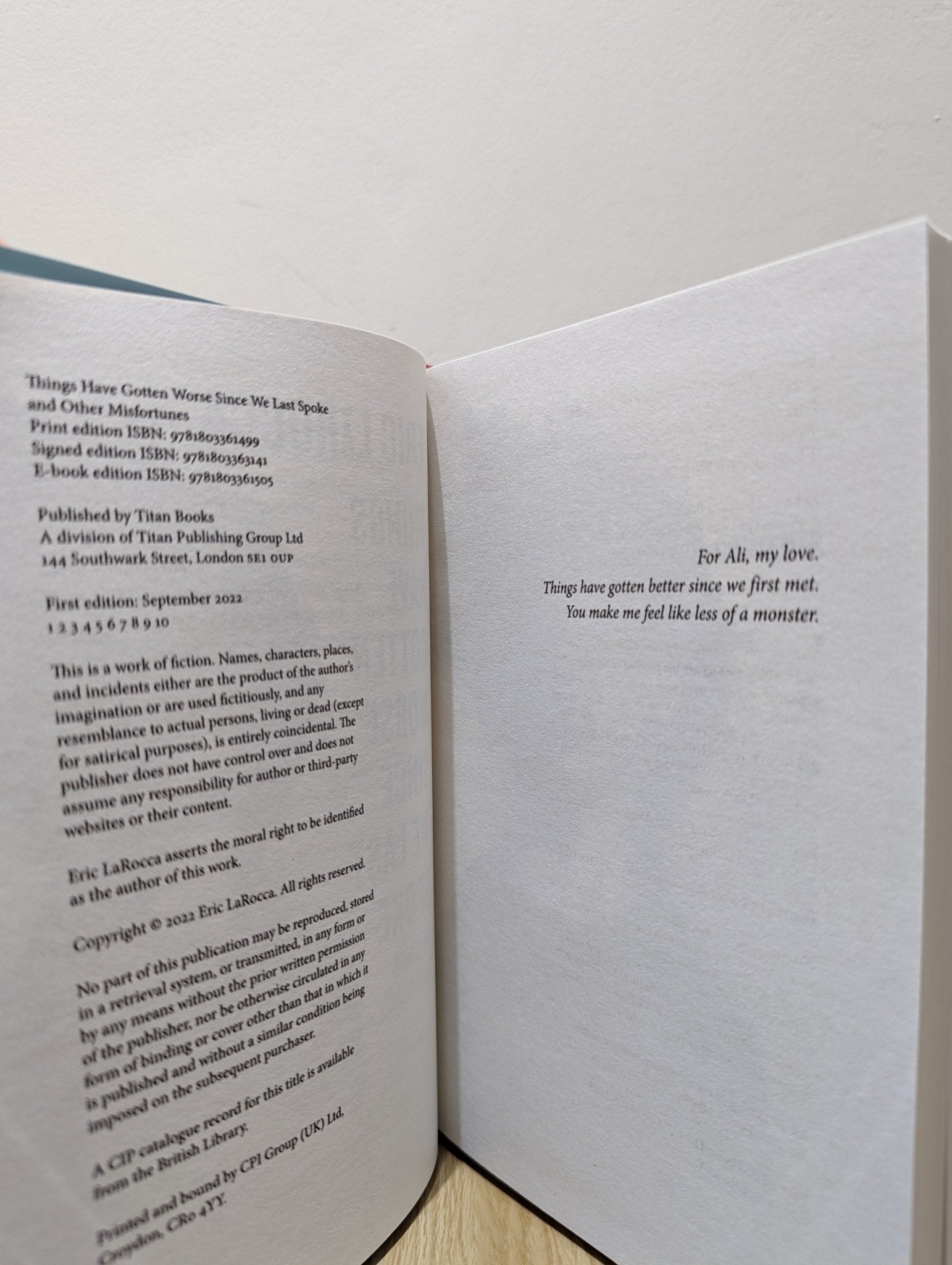 Things Have Gotten Worse Since We Last Spoke And Other Misfortunes by Eric LaRocca (Signed First Edition) - Fialta Books