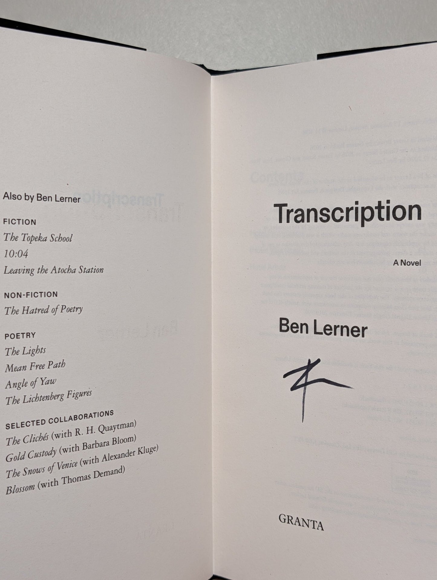 Transcription by Ben Lerner (Signed First Edition) - Fialta Books