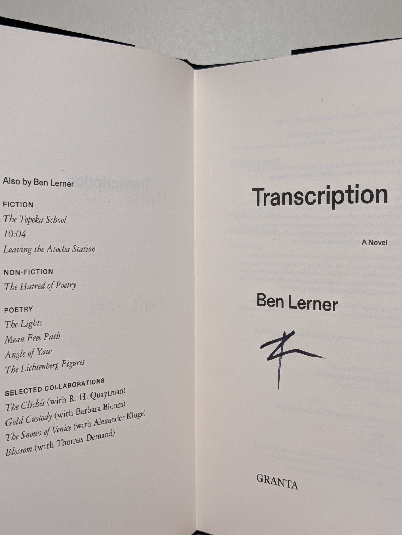 Transcription by Ben Lerner (Signed First Edition) - Fialta Books