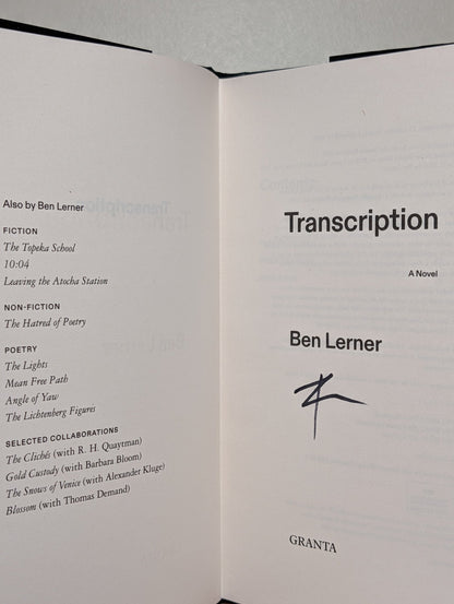 Transcription by Ben Lerner (Signed First Edition) - Fialta Books