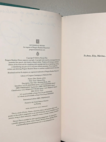 Trust by Hernan Diaz (Signed Lined First US Edition) - Fialta Books