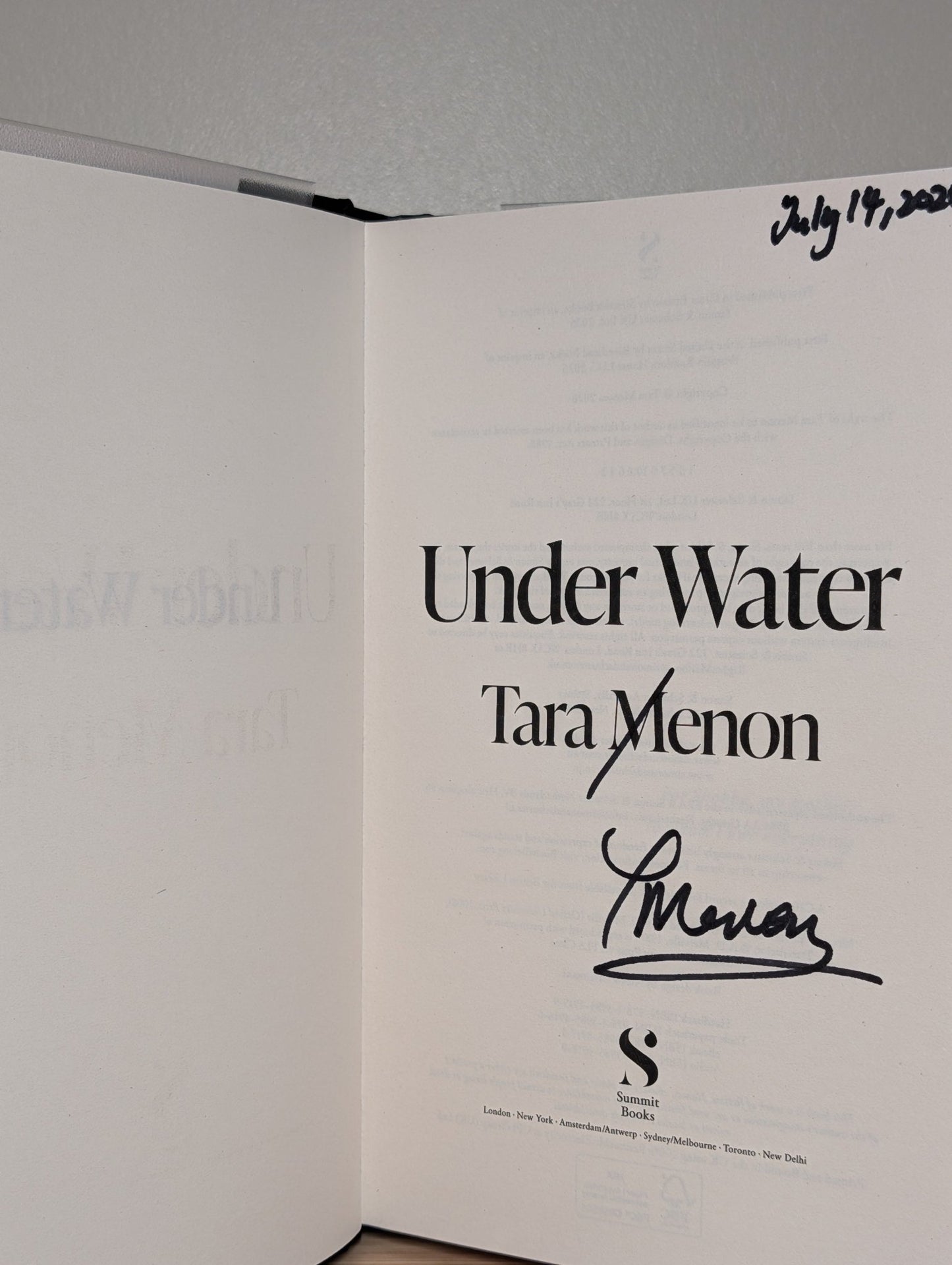 Under Water by Tara Menon (Signed Dated First Edition) - Fialta Books