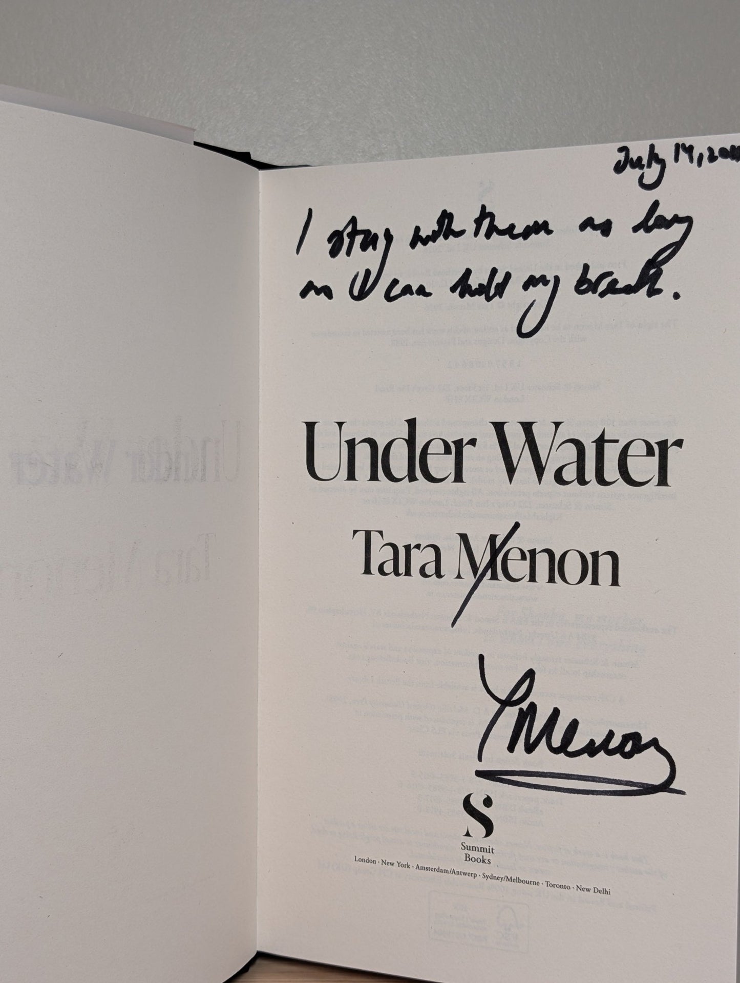 Under Water by Tara Menon (Signed Lined First Edition) - Fialta Books