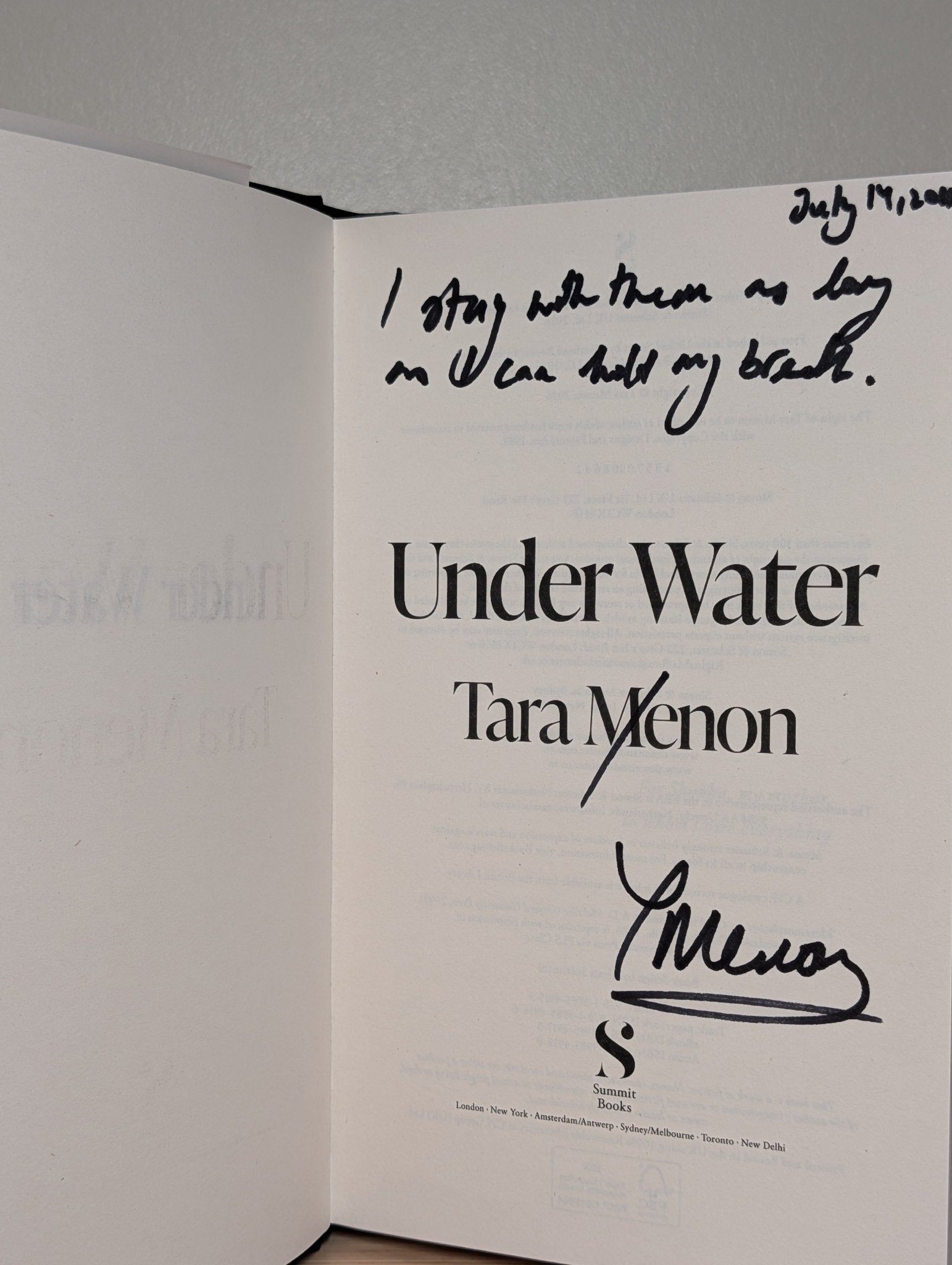 Under Water by Tara Menon (Signed Lined First Edition) - Fialta Books
