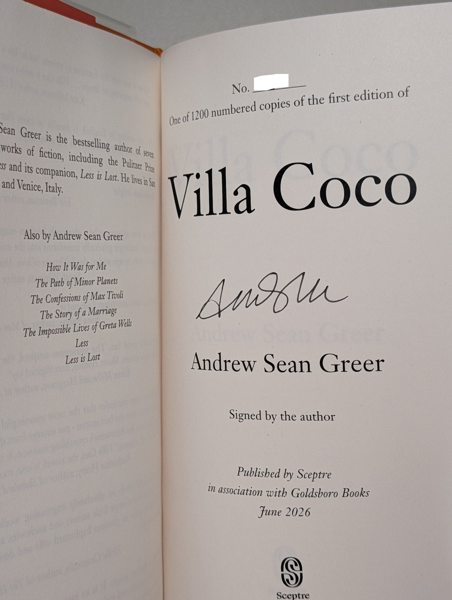 Villa Coco by Andrew Sean Greer (Signed Numbered Edition with sprayed edges) - Fialta Books