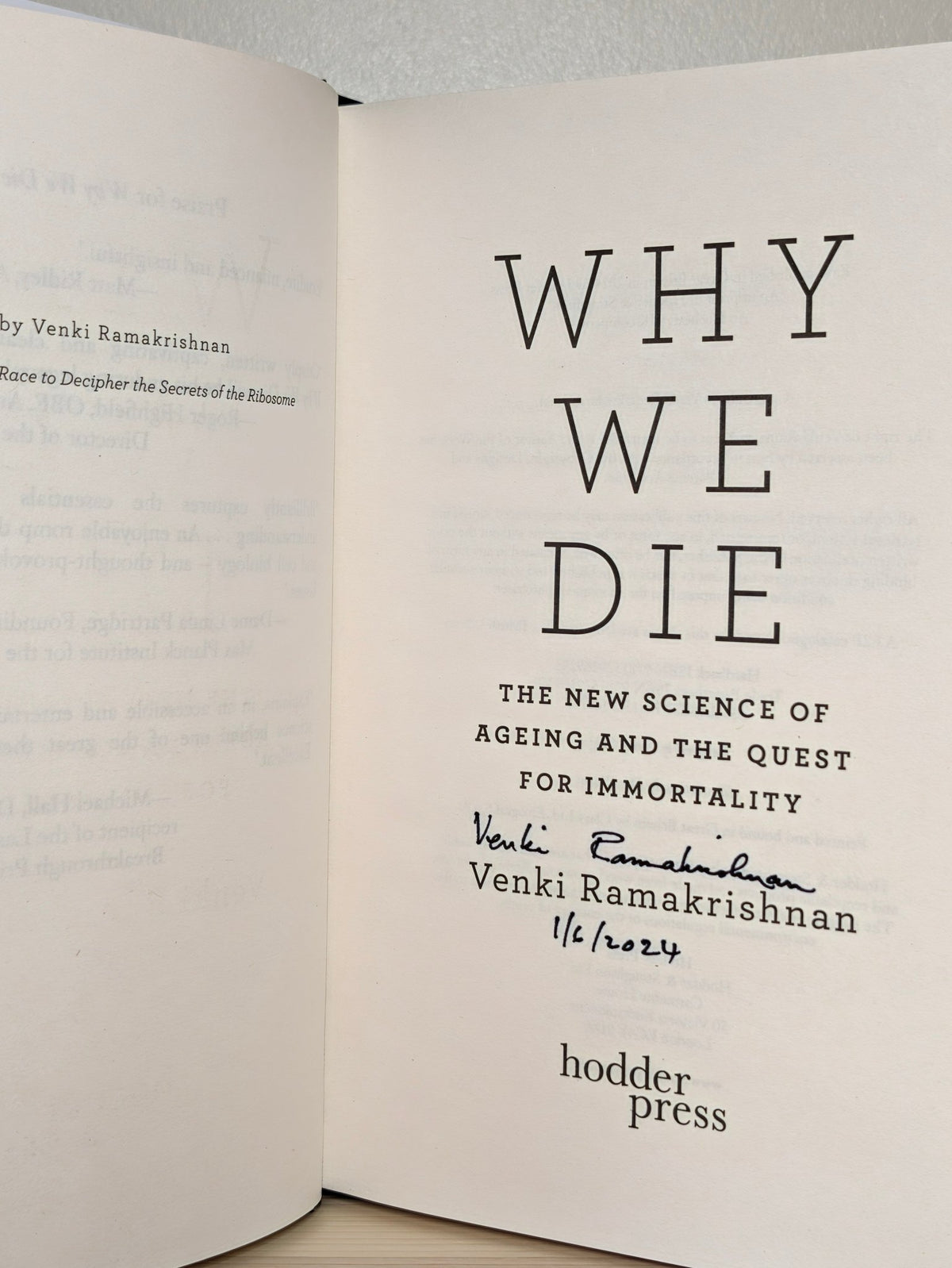 Why We Die by Venki Ramakrishnan (Signed Dated First Edition) - Fialta Books
