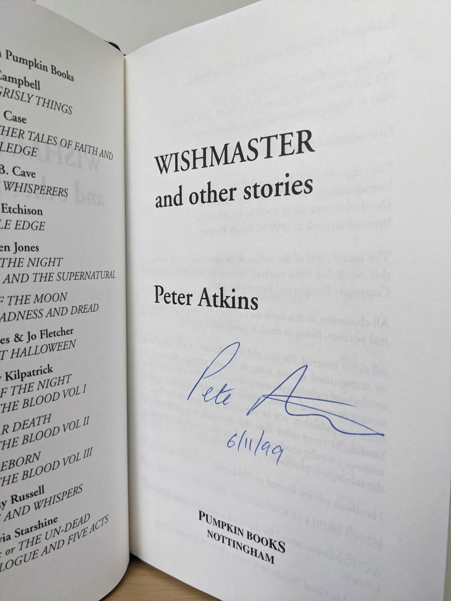 Wishmaster and Other Stories by Peter Atkins (Signed) - Fialta Books