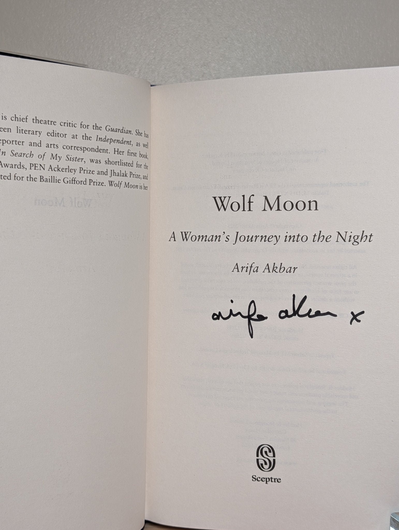 Wolf Moon: A Woman's Journey into the Night by Arifa Akbar (Signed First Edition) - Fialta Books