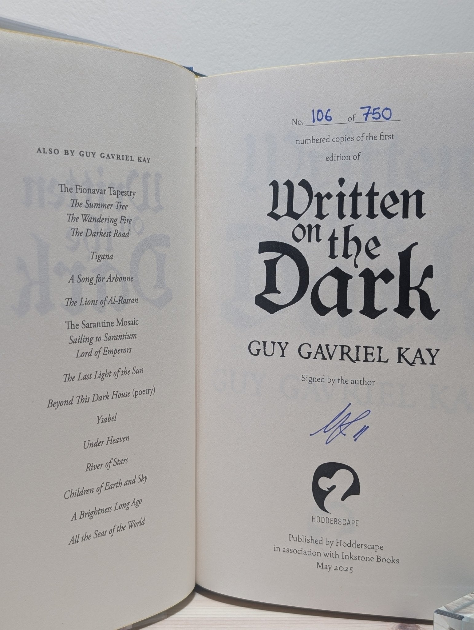 Written on the Dark by Guy Gavriel Kay (Signed Numbered First Edition with sprayed edges) - Fialta Books